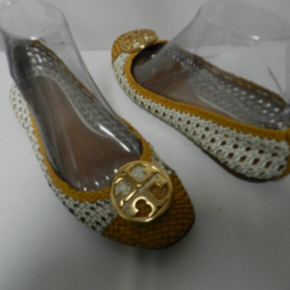 Tory Burch Chelsea Leather Woven Logo flats slides mustard white Size Sz 8.5 - Picture 10 of 13